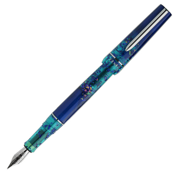 Fountain pen with blue and turquoise design on a white background
