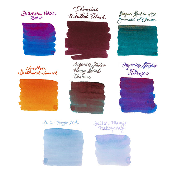 Collection of ink swatches with labeled colors on a white background