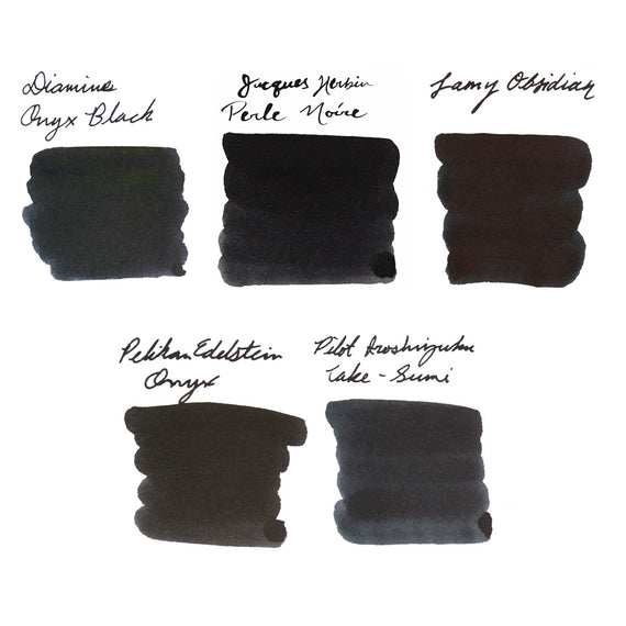 Five different black ink swatches with brand names labeled on a white background