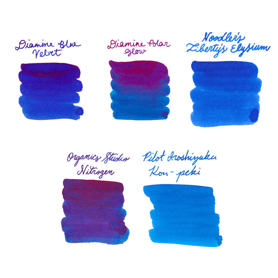 Collection of blue ink swatches with brand names on a white background