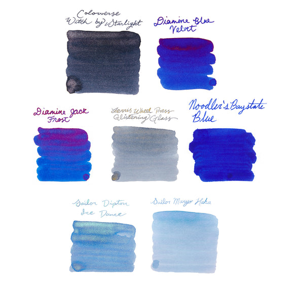 Collection of blue ink swatches with names on a white background