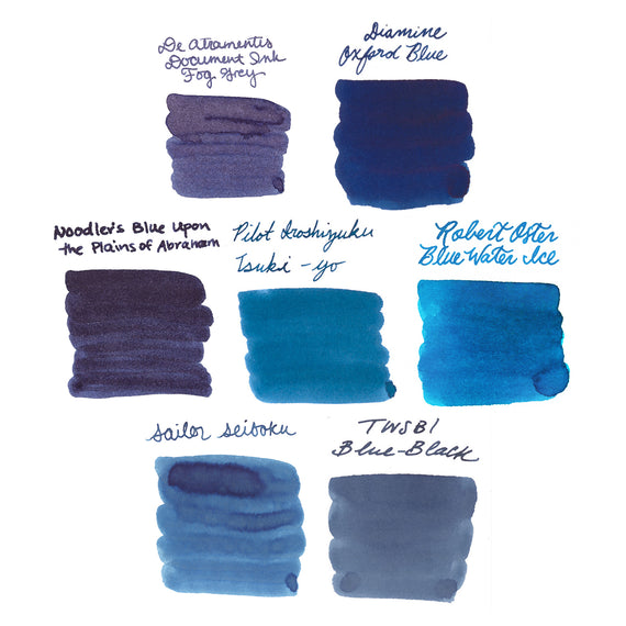 Collection of blue ink swatches with names on a white background