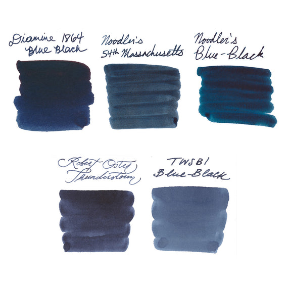 Comparison of blue-black ink swatches from different brands on a white background