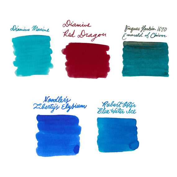 Five different ink swatches with their names on a white background