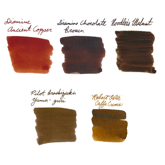 Collection of brown ink swatches labeled with brand names on a white background