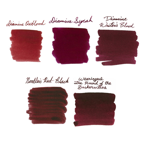Five different shades of burgundy red ink swatches with their respective names on a white background.