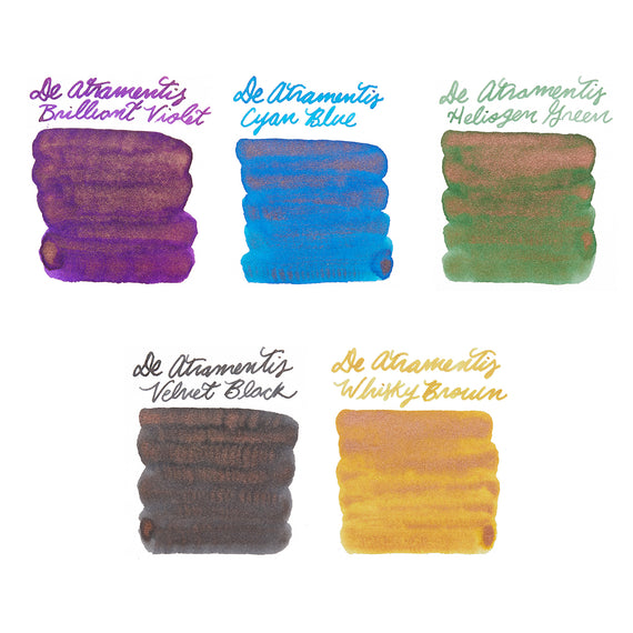 Five color swatches labeled 'De Atramentis' with names of colors on a white background.