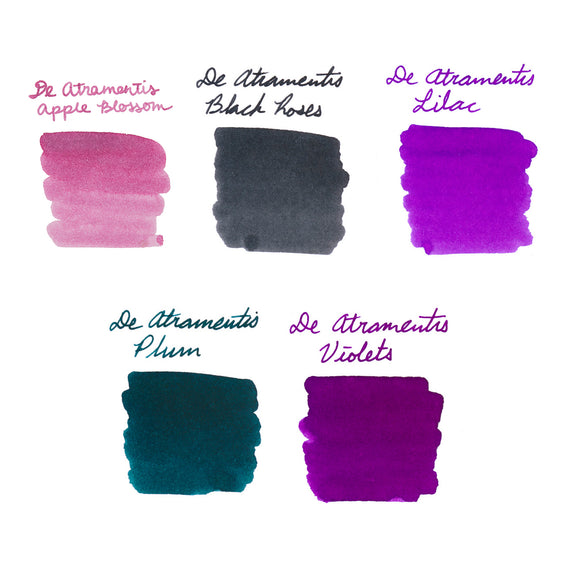 Color swatches of De Atramentis ink with names written above each swatch on a white background.