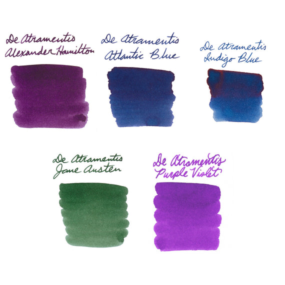 Five swatches of ink in different colors with labels on a white background