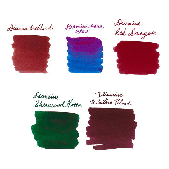 Five different ink colors swatched on a white background with their names written above each swatch.