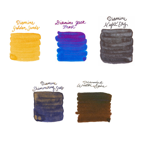 Five ink swatches labeled 'Diamine Golden Sands', 'Diamine Jack Frost', 'Diamine Night Sky', 'Diamine Shimmering Seas', and 'Diamine Winter Spice' on a white background.