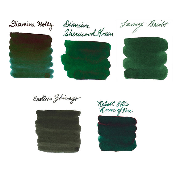 Collection of green ink swatches with labels on a white background