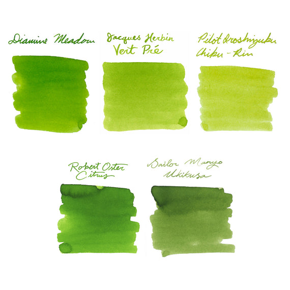 Five green ink swatches with names labeled on a white background