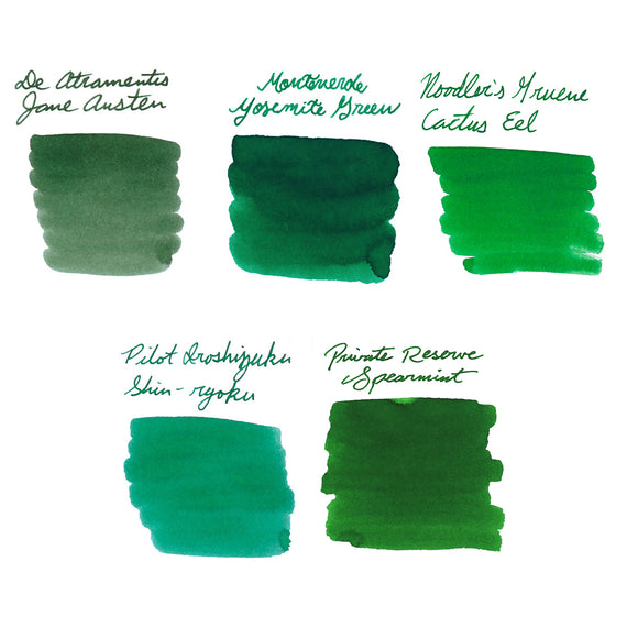Five different green ink swatches with names on a white background