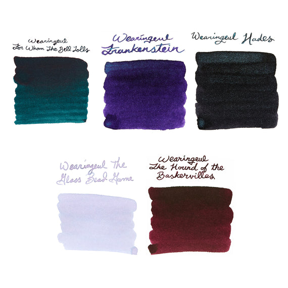 Collection of ink swatches with text labels on a white background