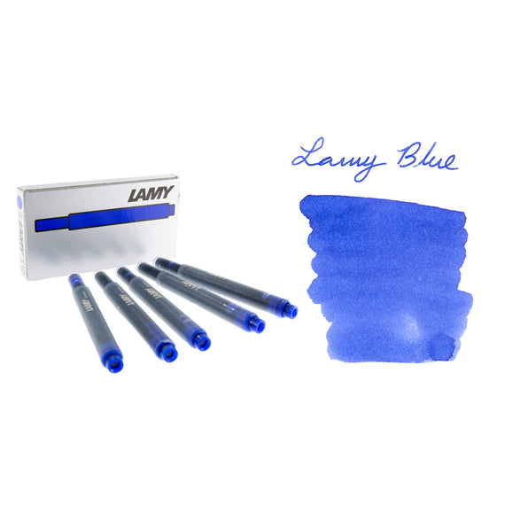 Lamy blue ink cartridges and ink swatch on a white background