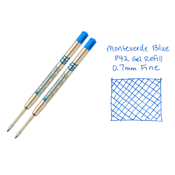 Two Monteverde Blue P42 Gel Refills on a white background with grid drawing.