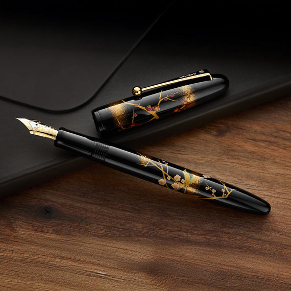 Fountain pen with decorative design on a wooden surface