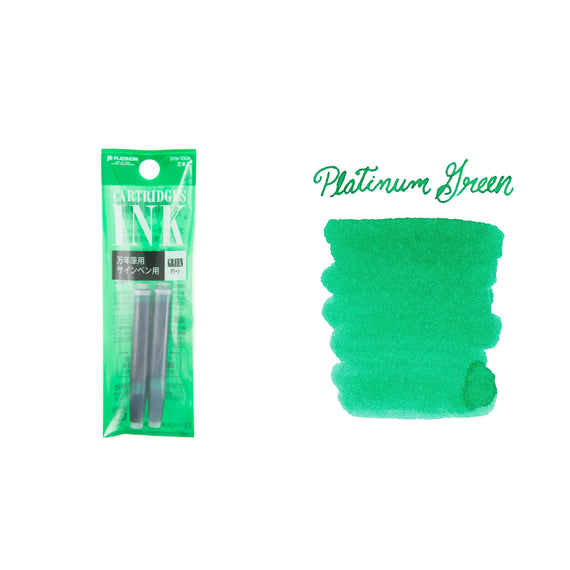 Green ink cartridge packaging with a swatch of Platinum green ink on a white background