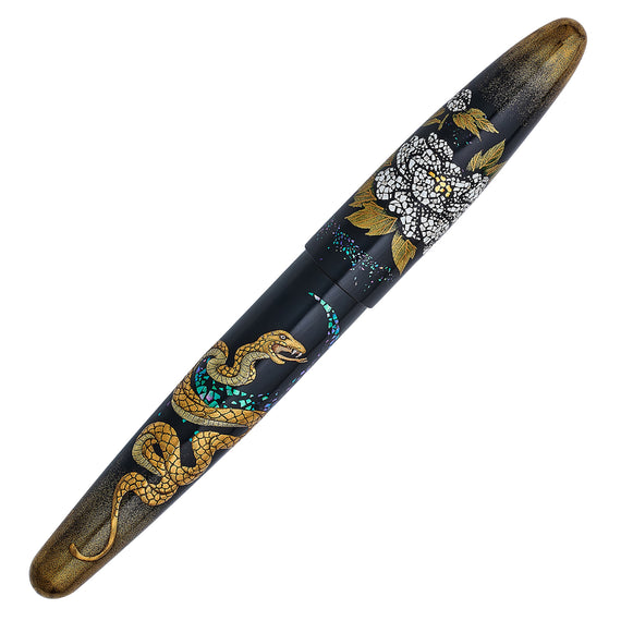 Decorative pen with gold snake and floral design on a black background