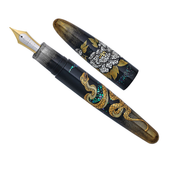 Fountain pen with decorative design on a white background